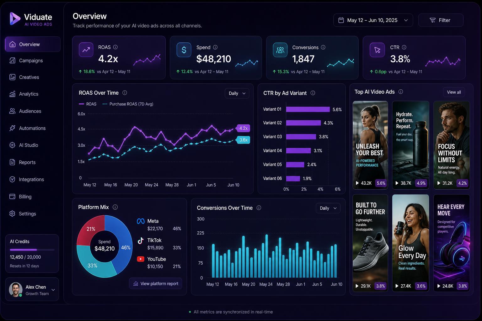 Tamo Design analytics dashboard showing ROAS, CTR and platform mix
